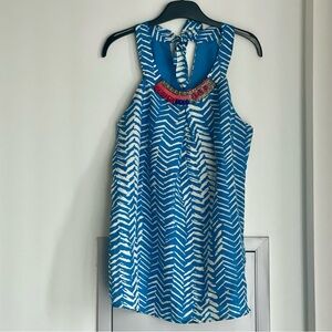 ANTHROPOLOGIE VELVET Blue and White Pattern 100% Silk Halter Top